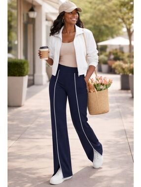 Spanx AirEssentials Front Stripe Wide Leg Pant Navy Women's Large Athleisure